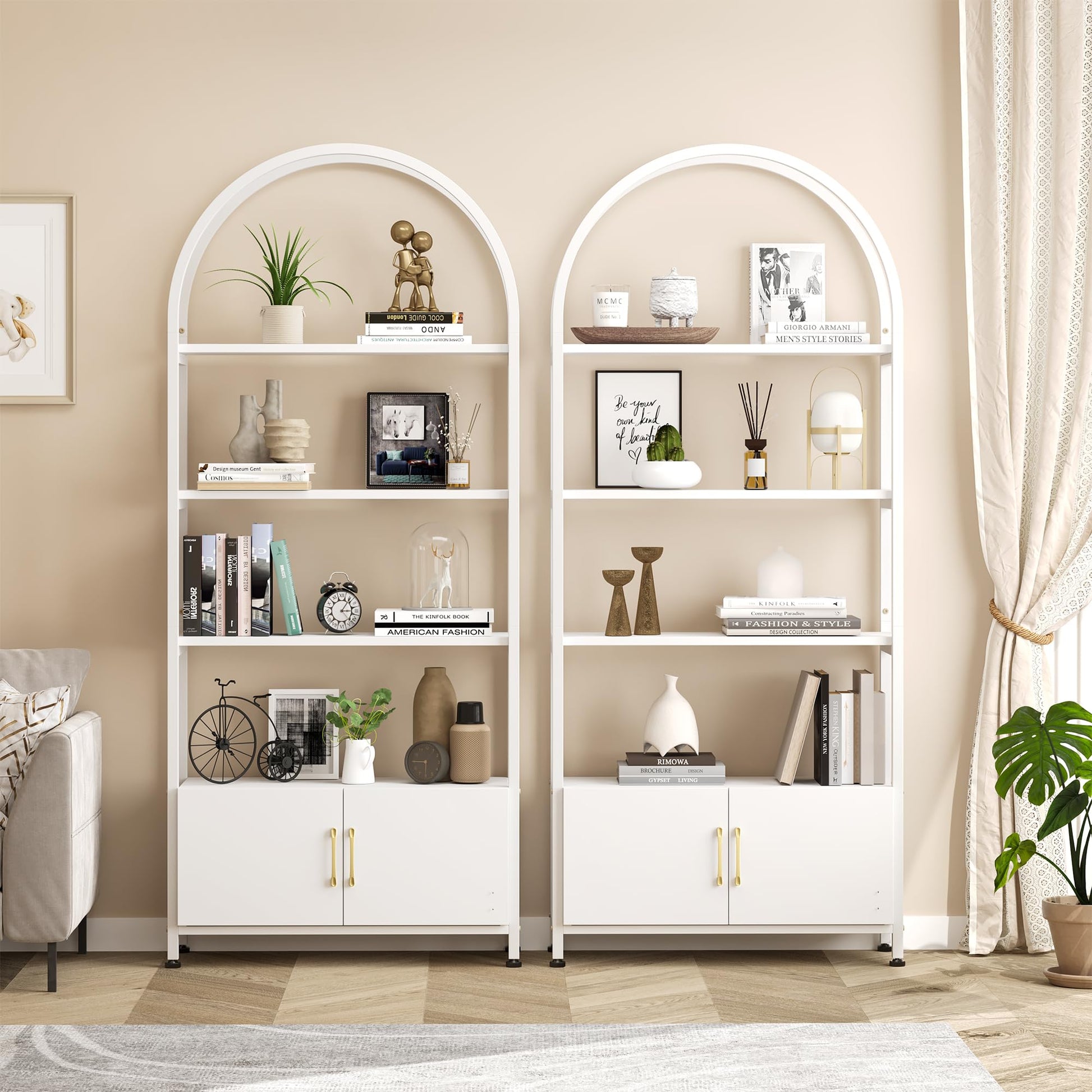 Bibliothèque moderne Garvee à 4 niveaux avec portes, structure en métal, pour bureau et salon, hauteur 182 cm, blanche