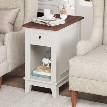 Garvee table d'appoint étroite avec station de charge, 2 ports USB et 2 ports secteur, en MDF, elle est disponible en plusieurs coloris de bois