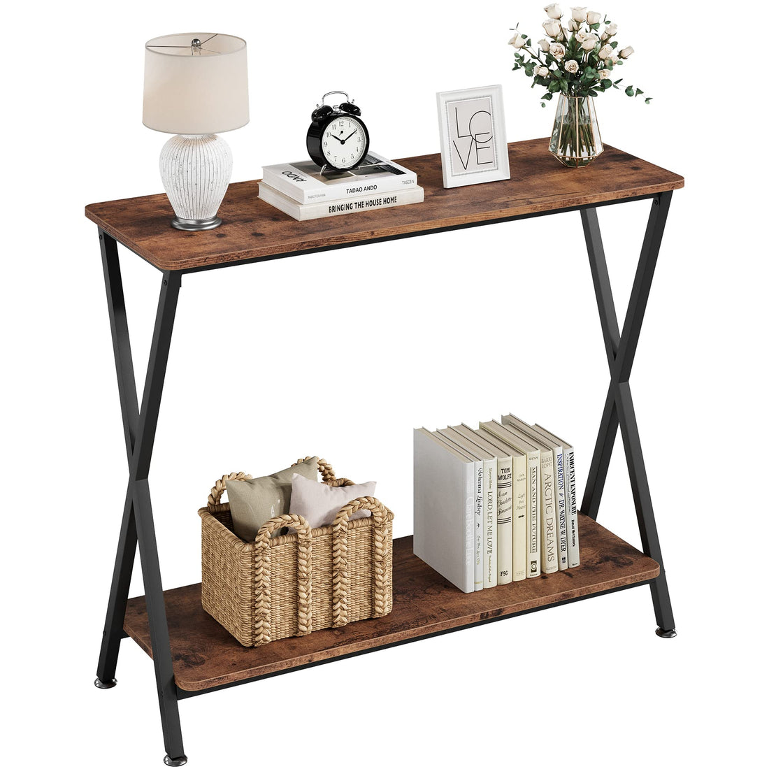 Console étroite Garvee, style campagnard, structure en bois et métal en forme de X, idéale pour le salon et l'entrée. Dimensions : 80 cm (L) x 30 cm (l) x 81 cm (H), noire.