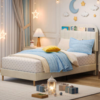 Cadre de lit simple Garvee avec revêtement en velours et tête de lit bibliothèque pour chambre d'enfant, blanc crème, pieds robustes en acier, silencieux, montage facile
