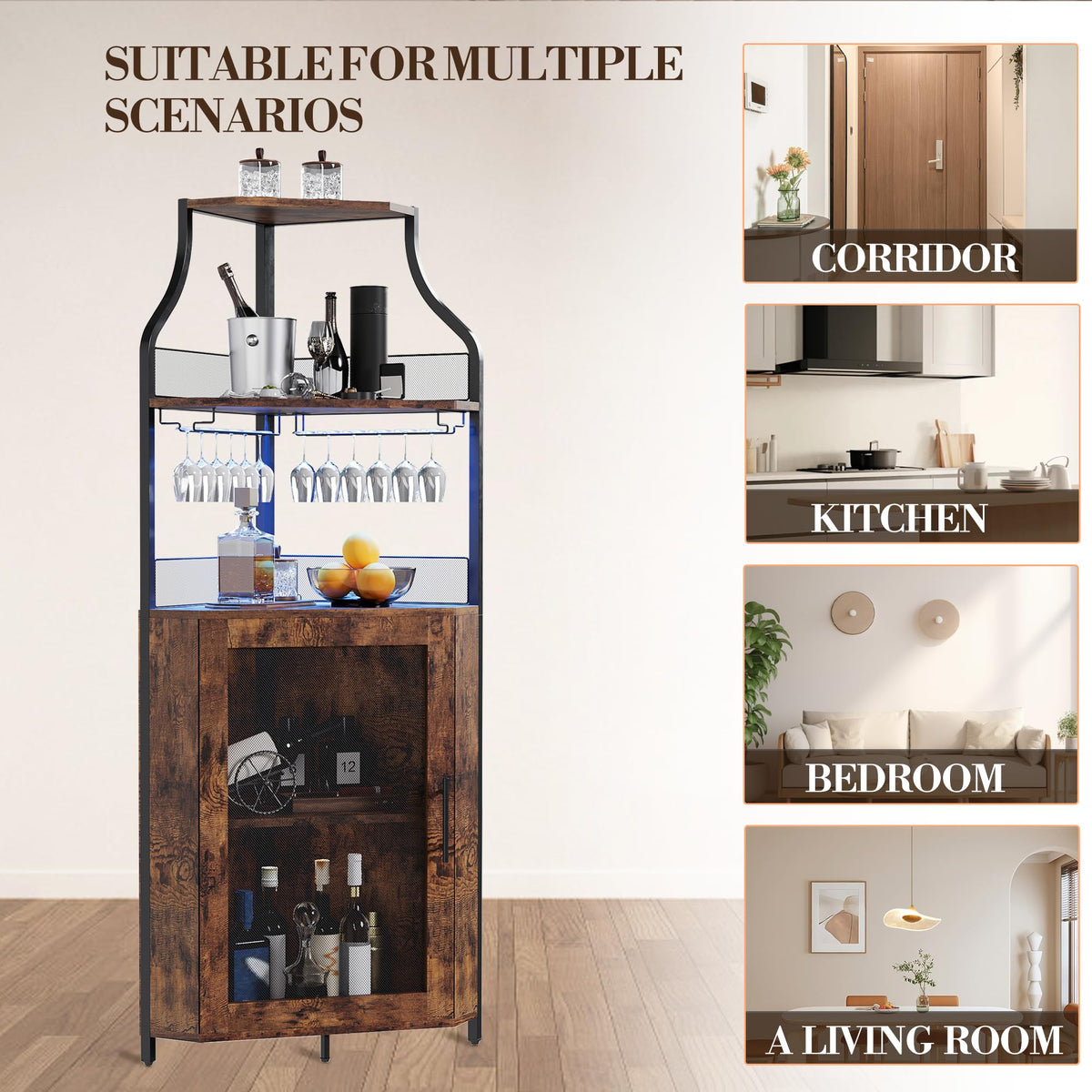 Garvee Meuble bar d'angle pour spiritueux avec étagères réglables, 155 cm, style industriel, MDF et métal, porte grillagée, porte-verres, autoportant, cuisine et salon