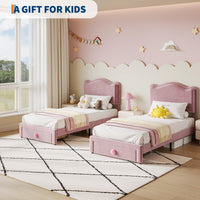 Cadre de lit Garvee pour lit simple capitonné avec rangement et tête de lit coquillage pour chambre d'enfant, rose, tiroir de 65 x 43 cm, espace sous le lit de 16 cm