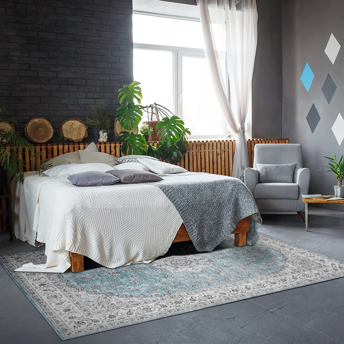 Tapis oriental vintage GARVEE 160 x 230 cm | Antidérapant, résistant à l'eau et aux taches, à poils courts | Tapis classique pour salon, bleu clair