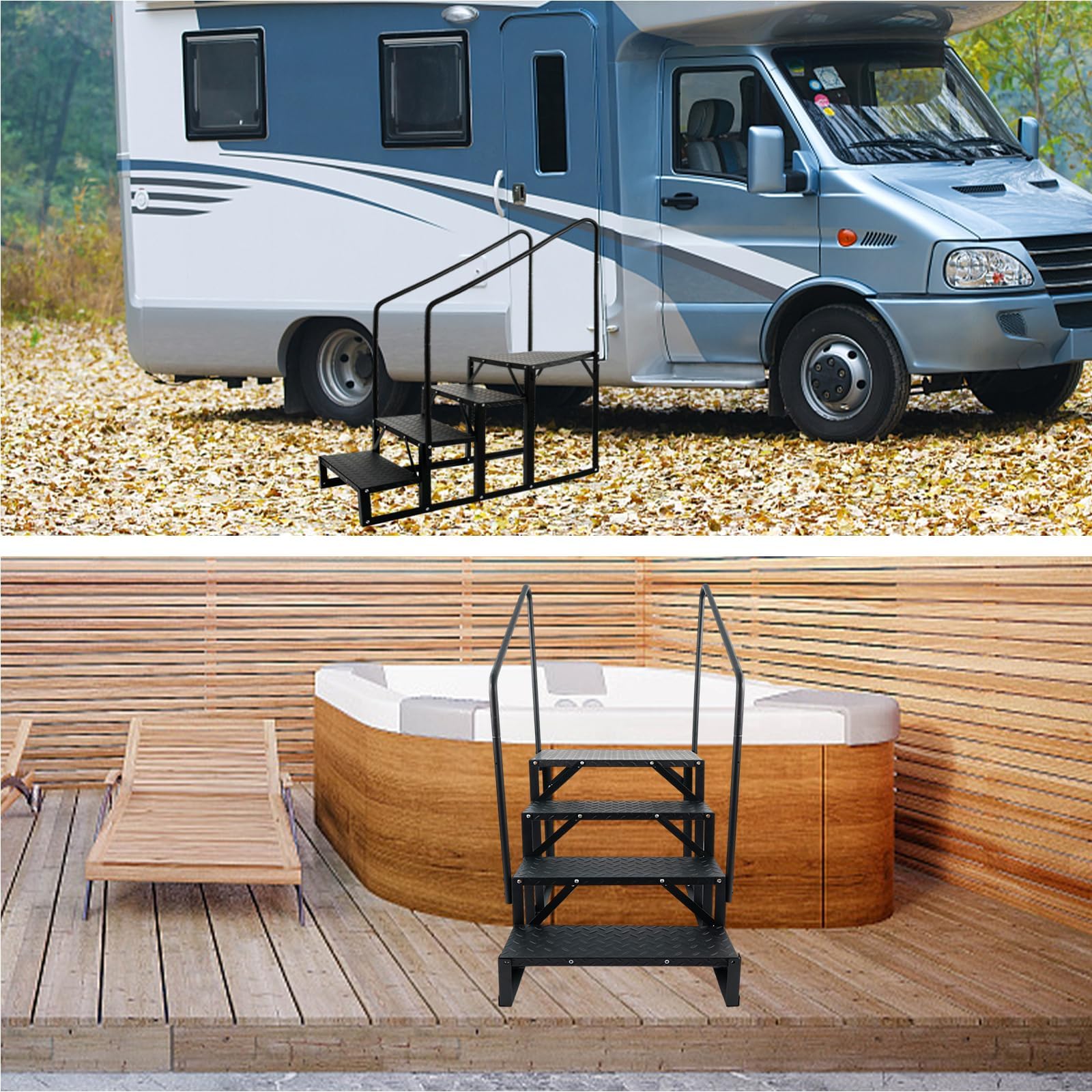 Escalier Garvee à 3 marches pour camping-car avec rampe, capacité de charge de 300 kg, en aluminium, robuste et portable pour caravanes et usage extérieur.