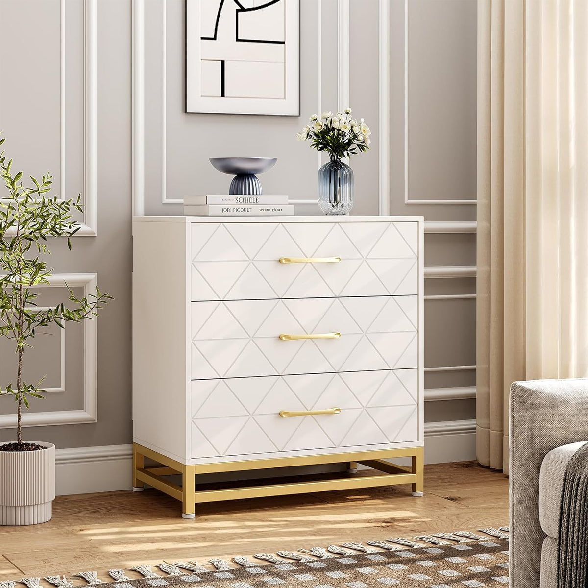 Garvee commode en bois pour chambre à coucher, 3 tiroirs, MDF, blanc, moderne, anti-poussière, robuste, compacte, pour entrée ou salon