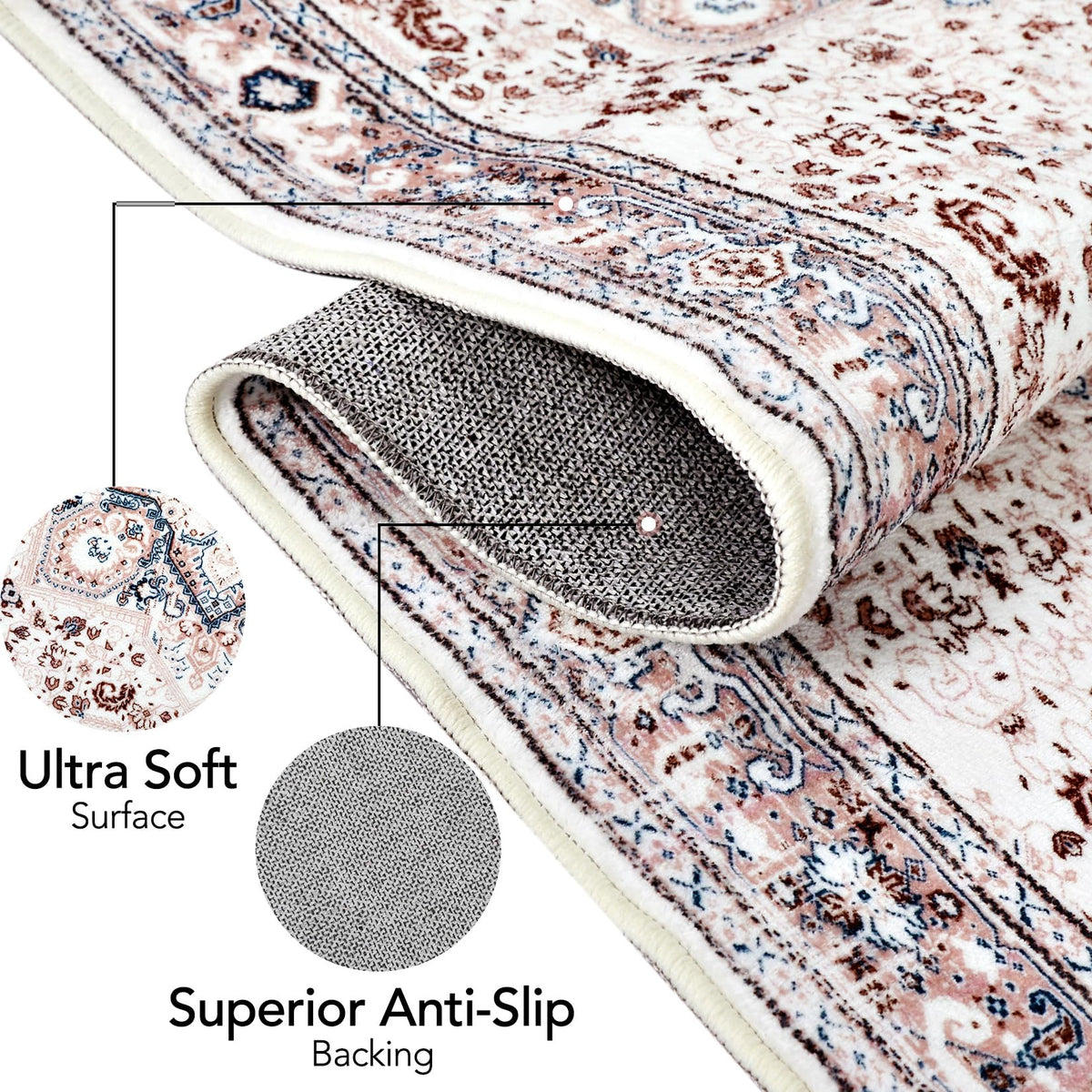 Tapis tribal persan GARVEE 200x290cm rose, lavable, antidérapant, doux, grand format, imprimé, non pelucheux, salon et chambre
