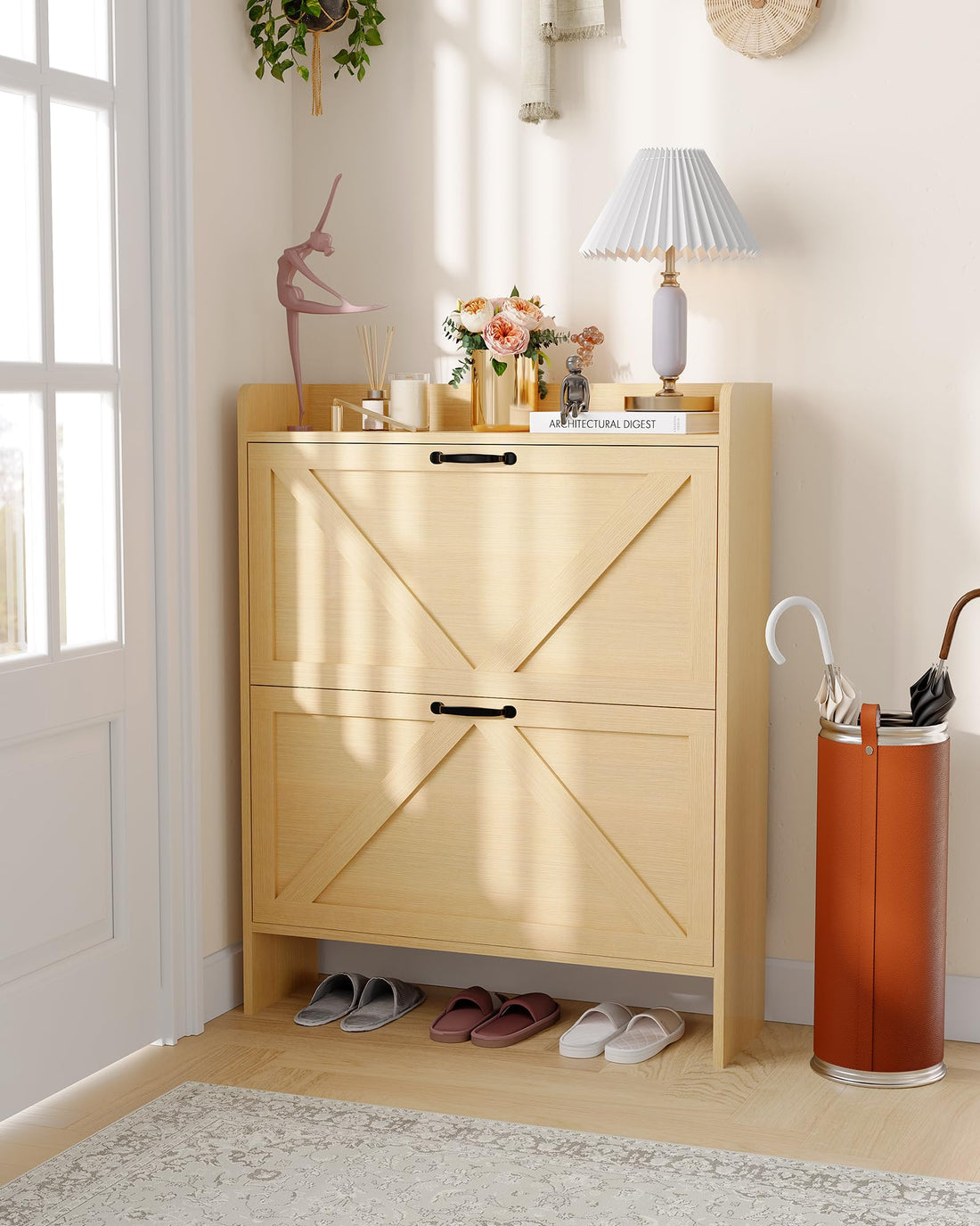 Rangement à chaussures Garvee avec 2 tiroirs pliables, marron rustique, pour entrée et couloir, durable, gain de place, en bois