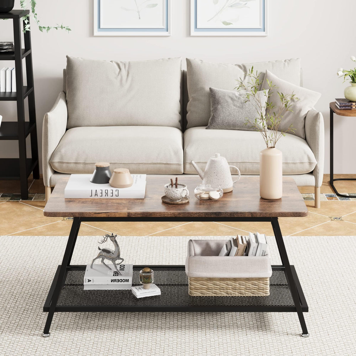 Garvee table basse en bois, table d'appoint pour salon, table basse avec rangement, table moderne avec structure en acier et étagère, 100 × 50 × 46 cm