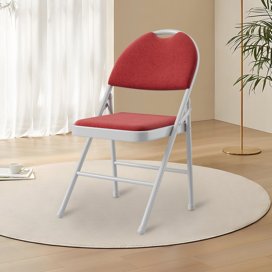 Garvee Ensemble de 4 chaises pliantes avec coussins, structure en métal, pliables, revêtement en similicuir, ergonomiques, empilables, rouges, idéales pour le camping et le bureau