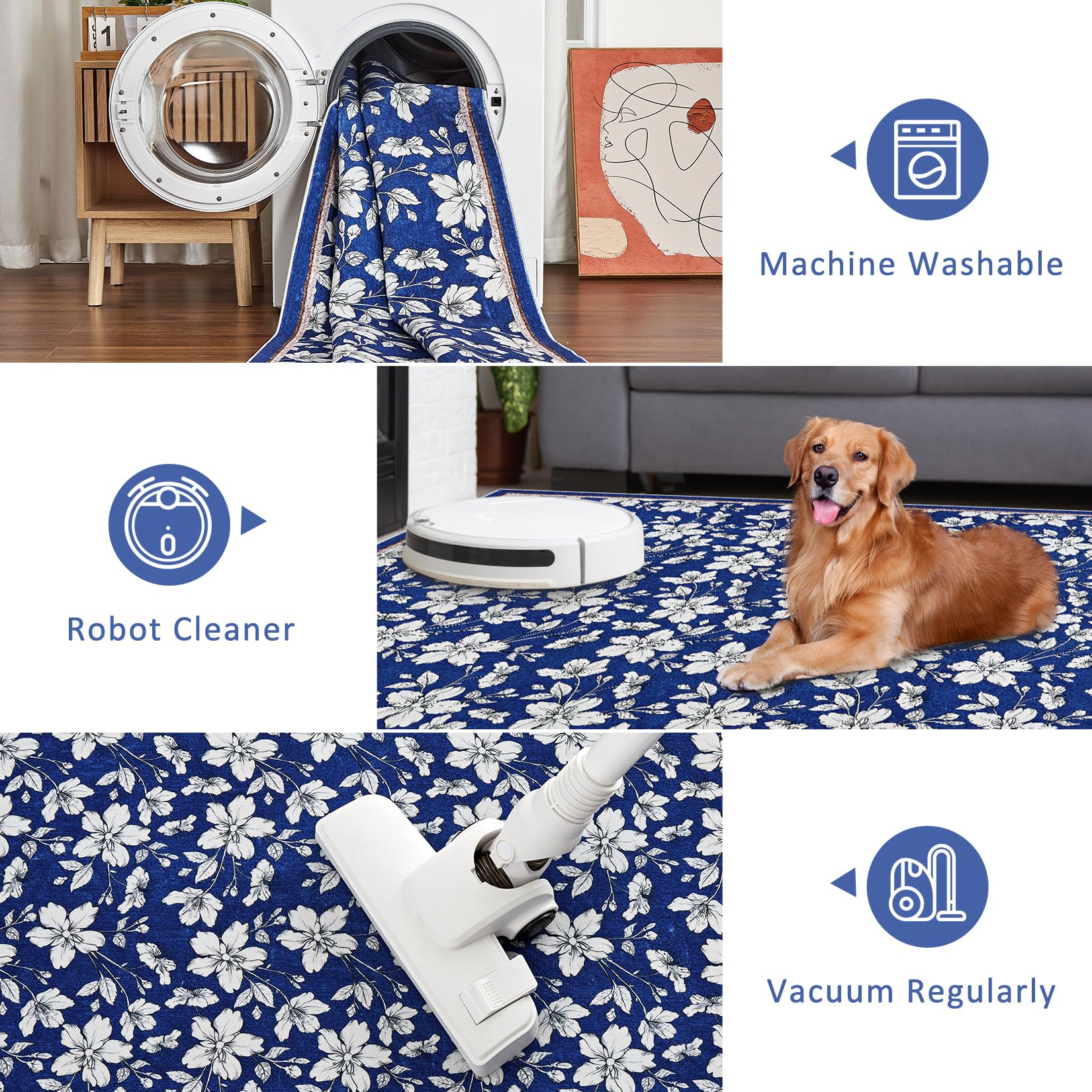 Tapis de salon lavable Garvee, motif floral vintage, poils courts, antidérapant, doux, grand format 200 x 290 cm, bleu