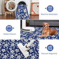 Tapis de salon lavable Garvee, motif floral vintage, poils courts, antidérapant, doux, grand format 200 x 290 cm, bleu