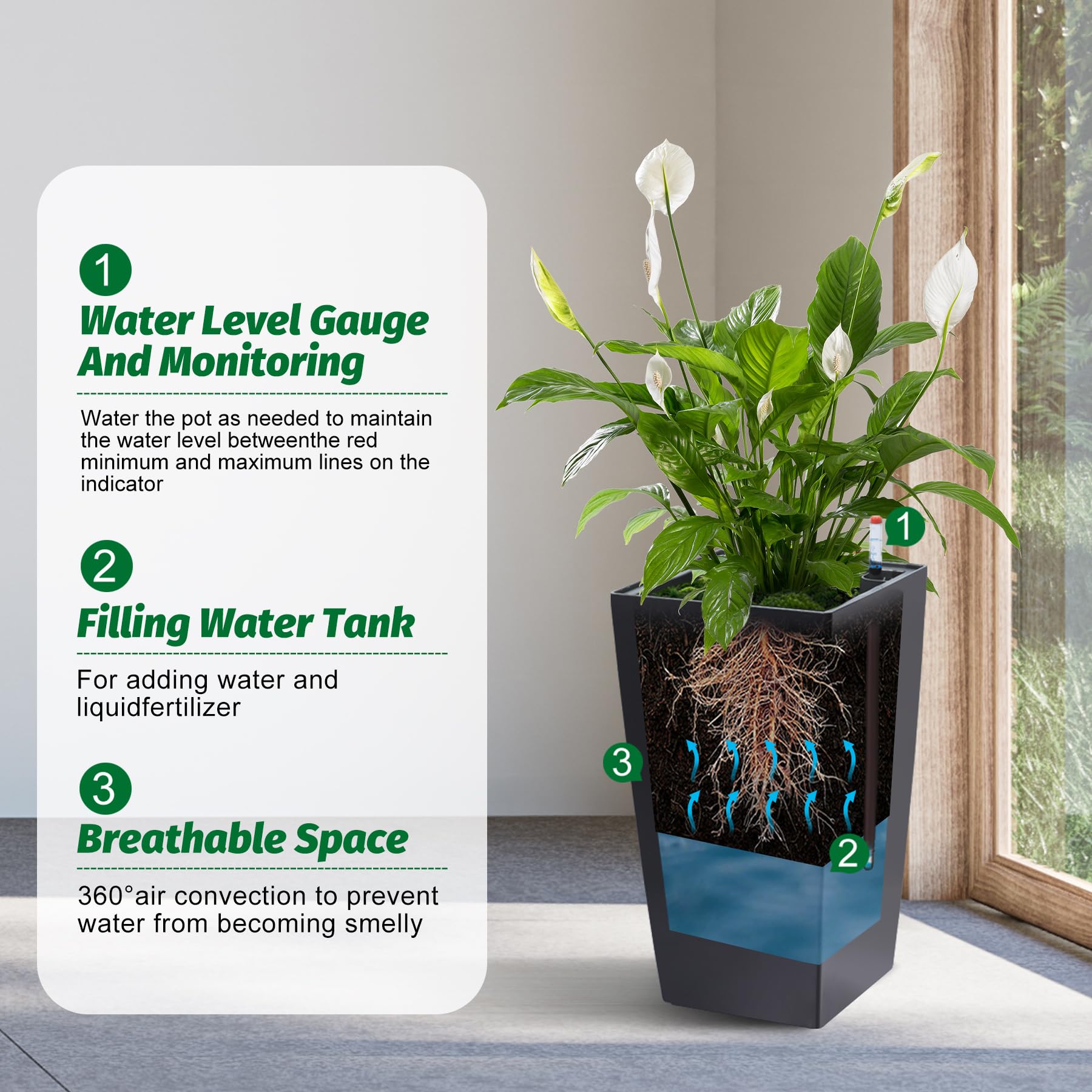 Garvee Lot de 2 jardinières de 57 cm de haut avec arrosage automatique et indicateur de niveau d'eau pour balcon et terrasse, à pois noirs et blancs, en plastique résistant aux intempéries