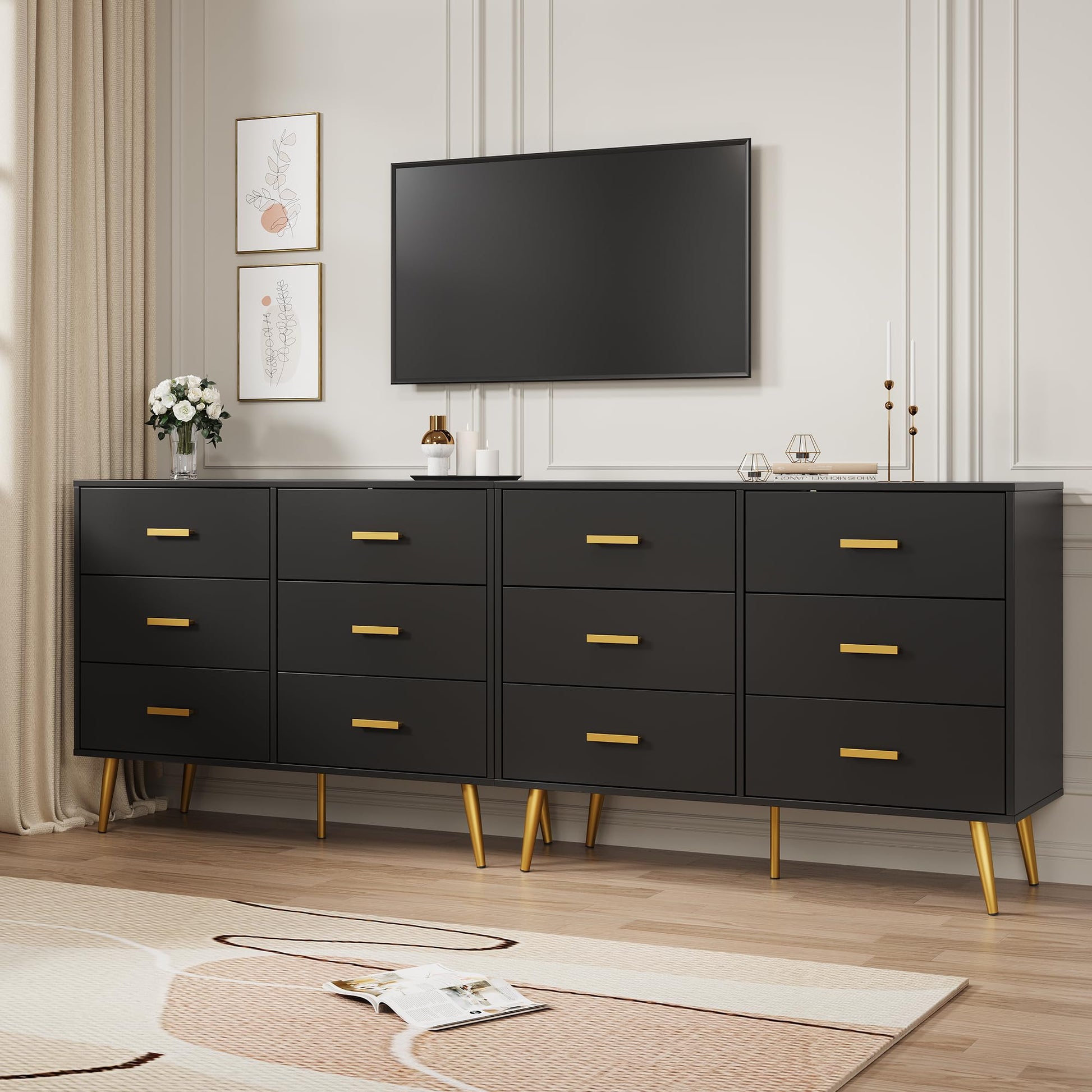 Commode moderne Garvee à 6 tiroirs avec rangement, en bois MDF, poignées dorées, pour chambre et salon, noire, polyvalente