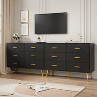 Commode moderne Garvee à 6 tiroirs avec rangement, en bois MDF, poignées dorées, pour chambre et salon, noire, polyvalente