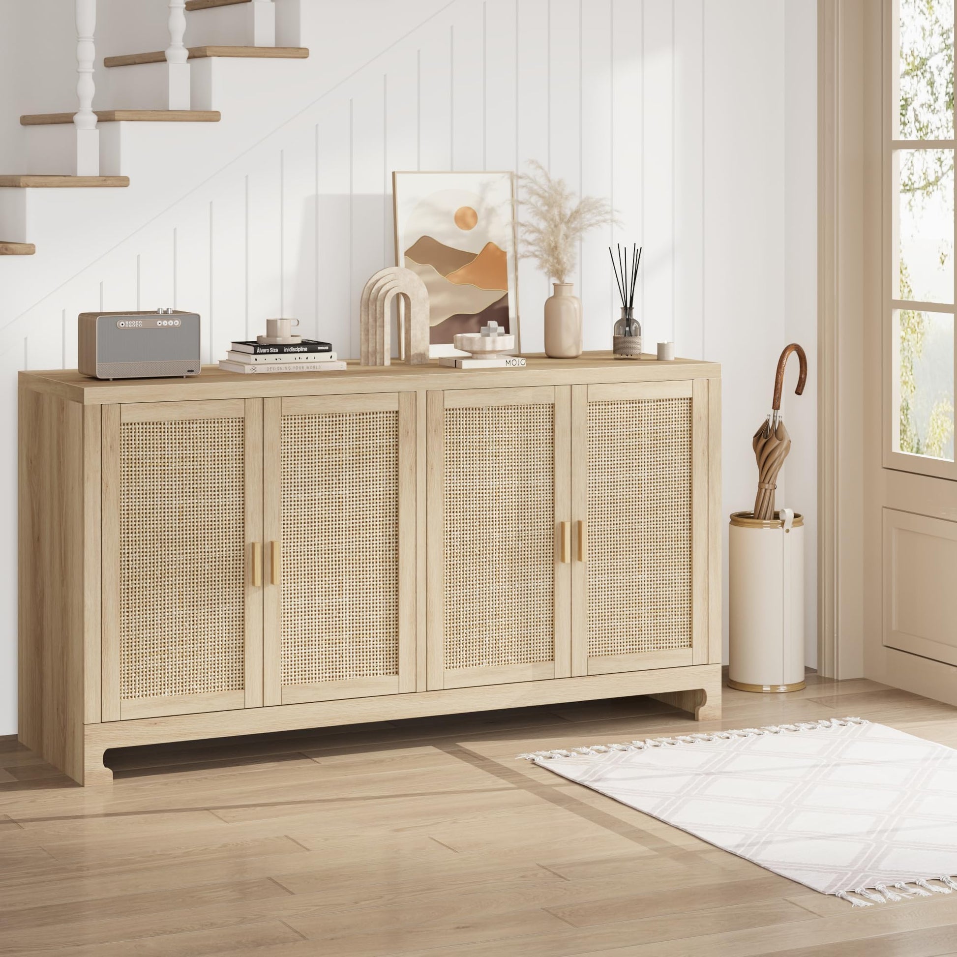 Garvee meuble de rangement 102 cm style bohème moderne avec portes en rotin tressé, étagère réglable pour le salon et la cuisine, blanc et marron, compact