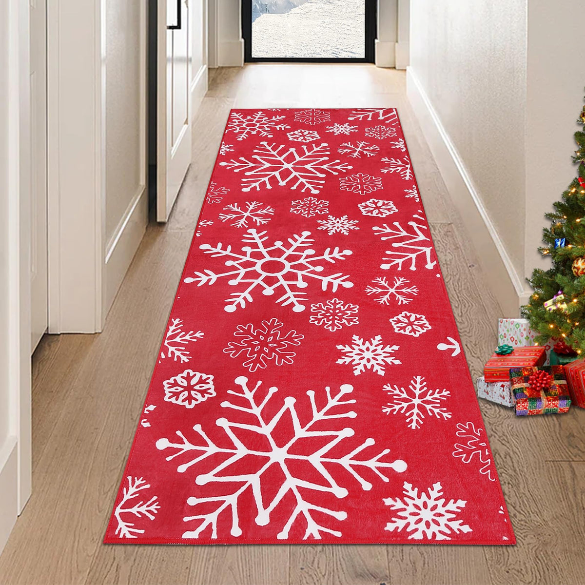 Tapis de couloir Garvee Soft Christmas à motif flocons de neige, lavable et antidérapant, idéal pour l'entrée et la cuisine, 60 x 230 cm, rouge