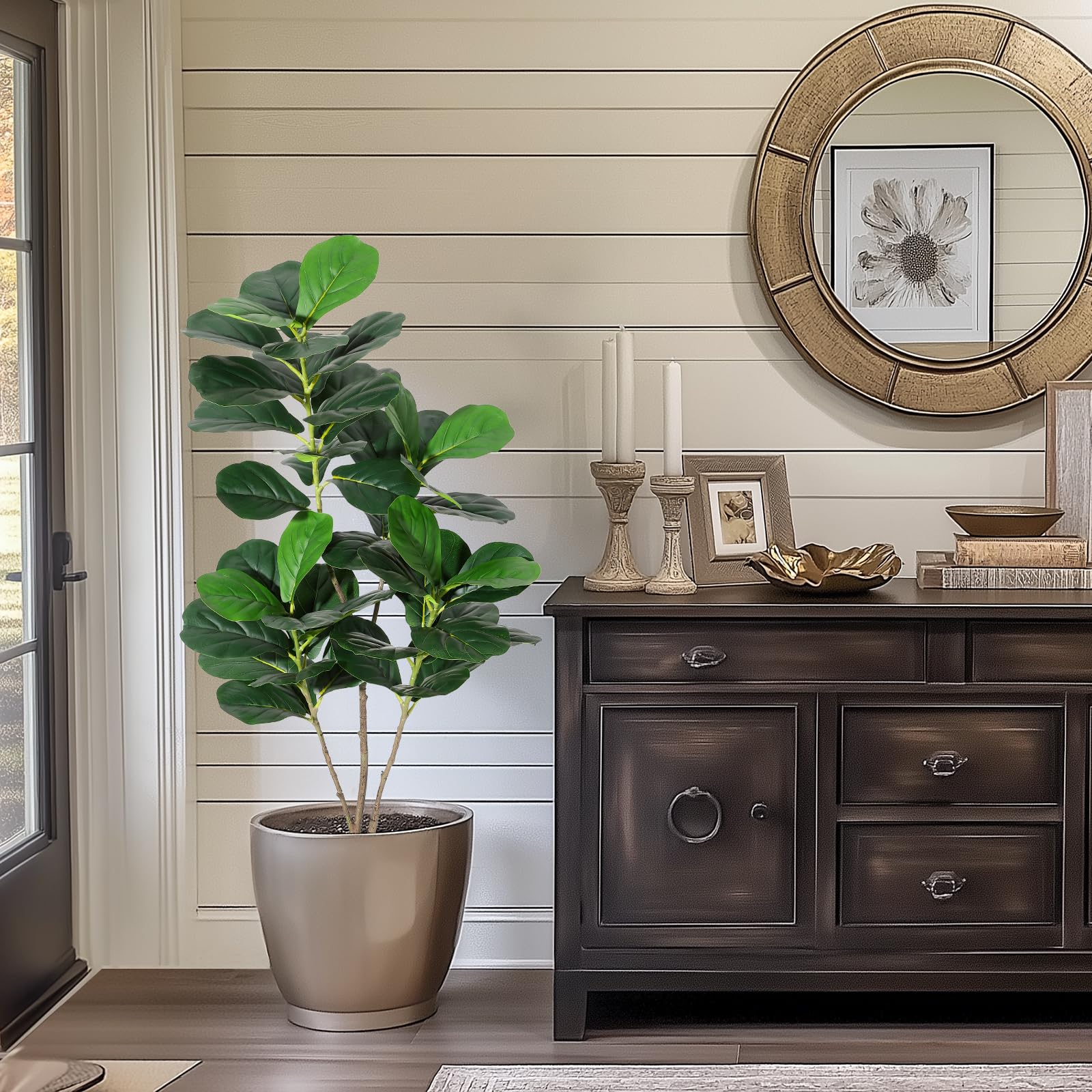 Figuier lyre artificiel Garvee de 120 cm avec pot en PP noir, idéal pour la décoration de la maison et du bureau. Design réaliste, facile d'entretien, résistant aux intempéries et en soie.