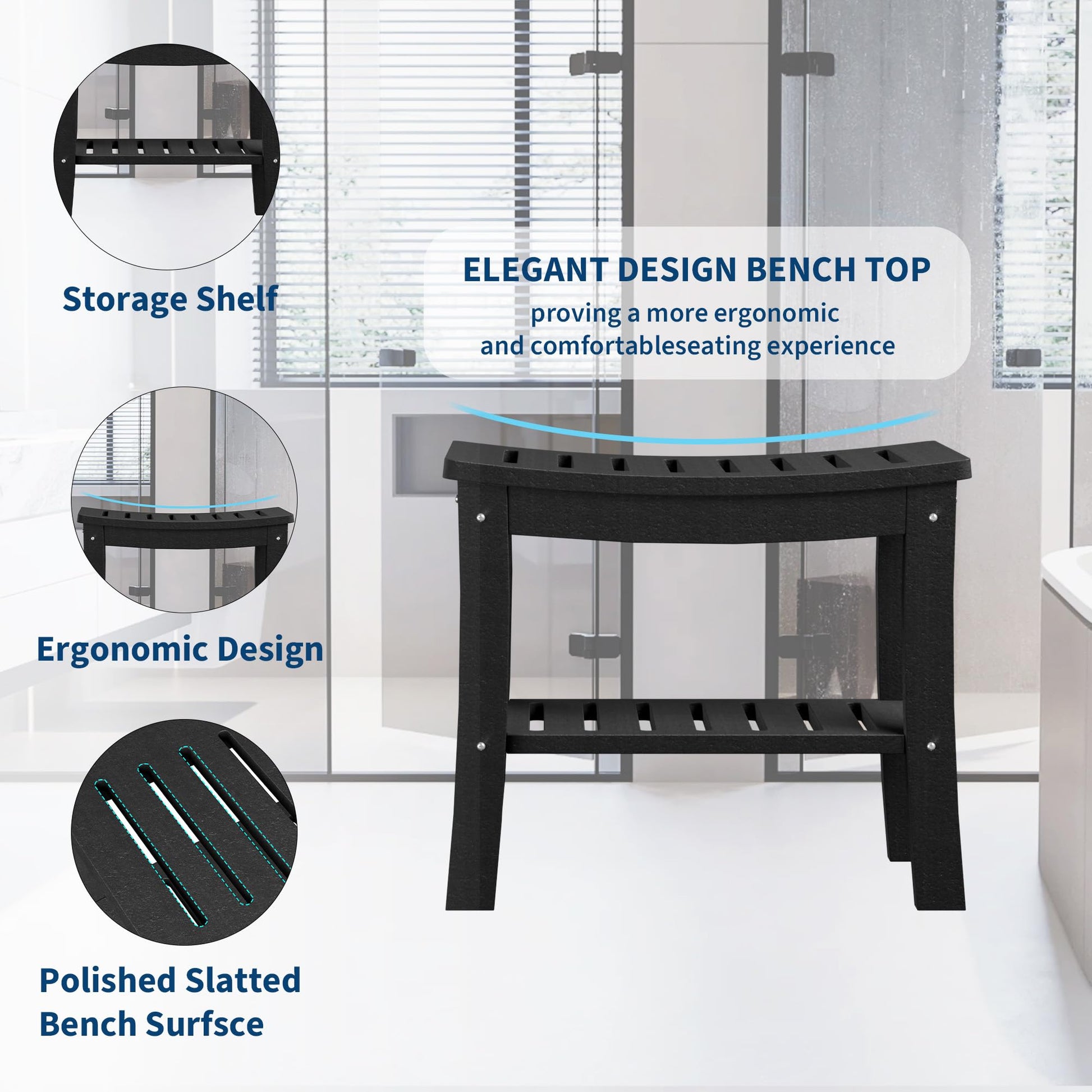 Banc de douche Garvee en PEHD avec étagère pour salle de bain et baignoire, noir, aspect bois, imperméable, résistant aux rayures