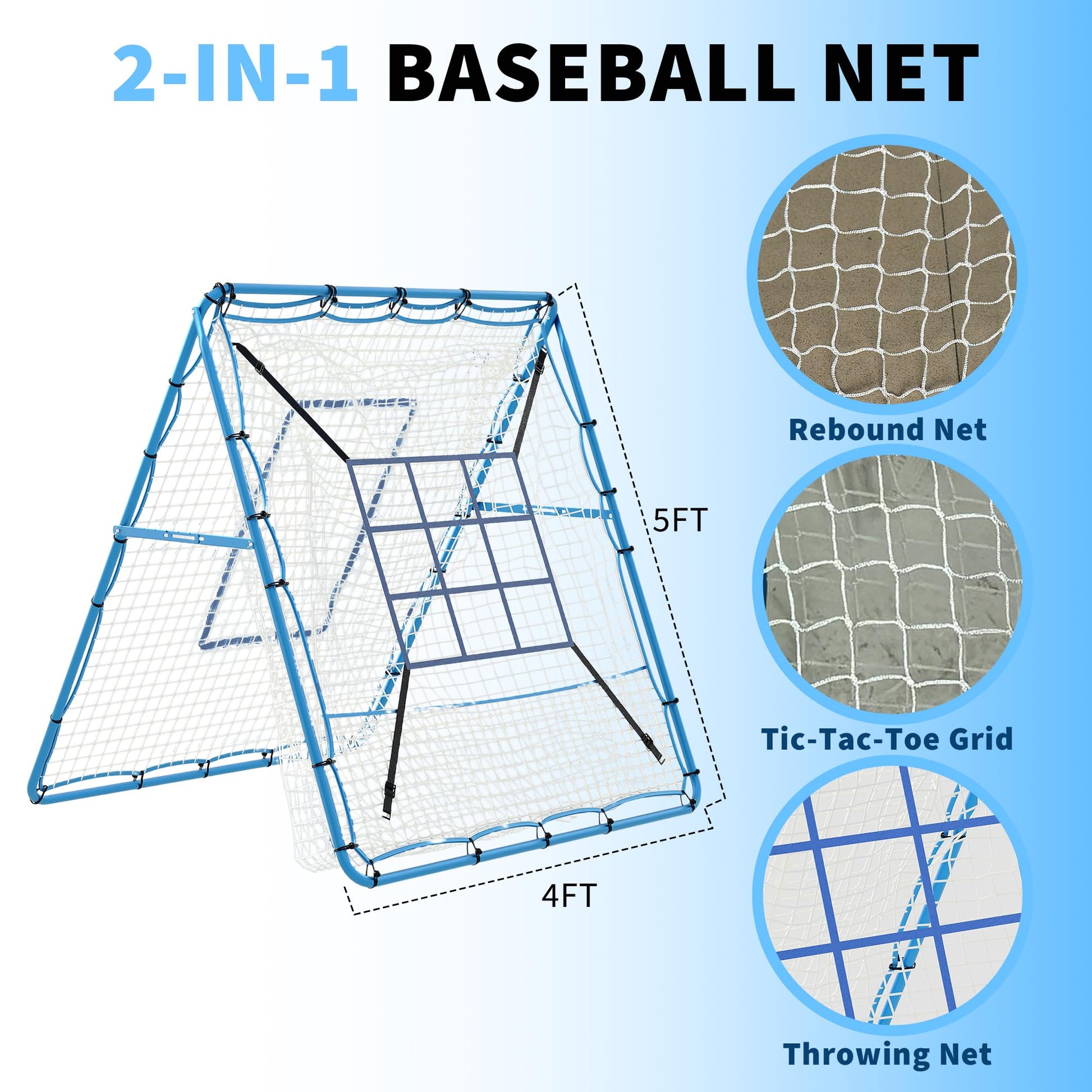 Filet de rebond Garvee pour lanceur de baseball, 1,5 x 1,2 m, avec cible à 9 trous, angle réglable, cadre en métal, pliable, polyvalent pour le jardin et l'entraînement.