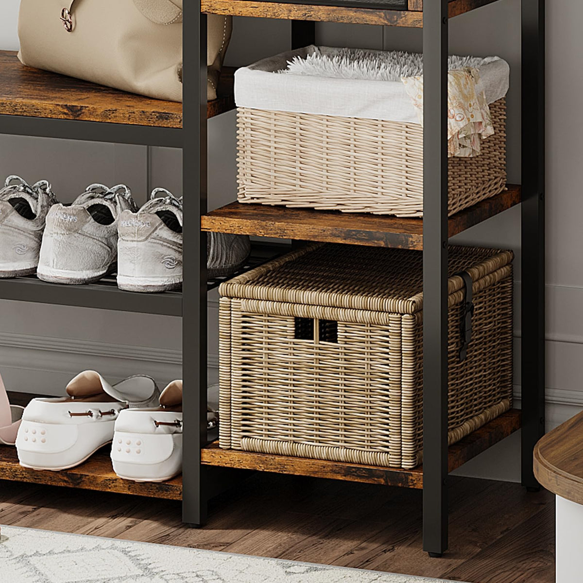 Armoire-penderie 3 en 1 Garvee avec étagère à chaussures et tiroir pour entrée et couloir, bois et métal, style ferme moderne, noir et blanc, gain de place