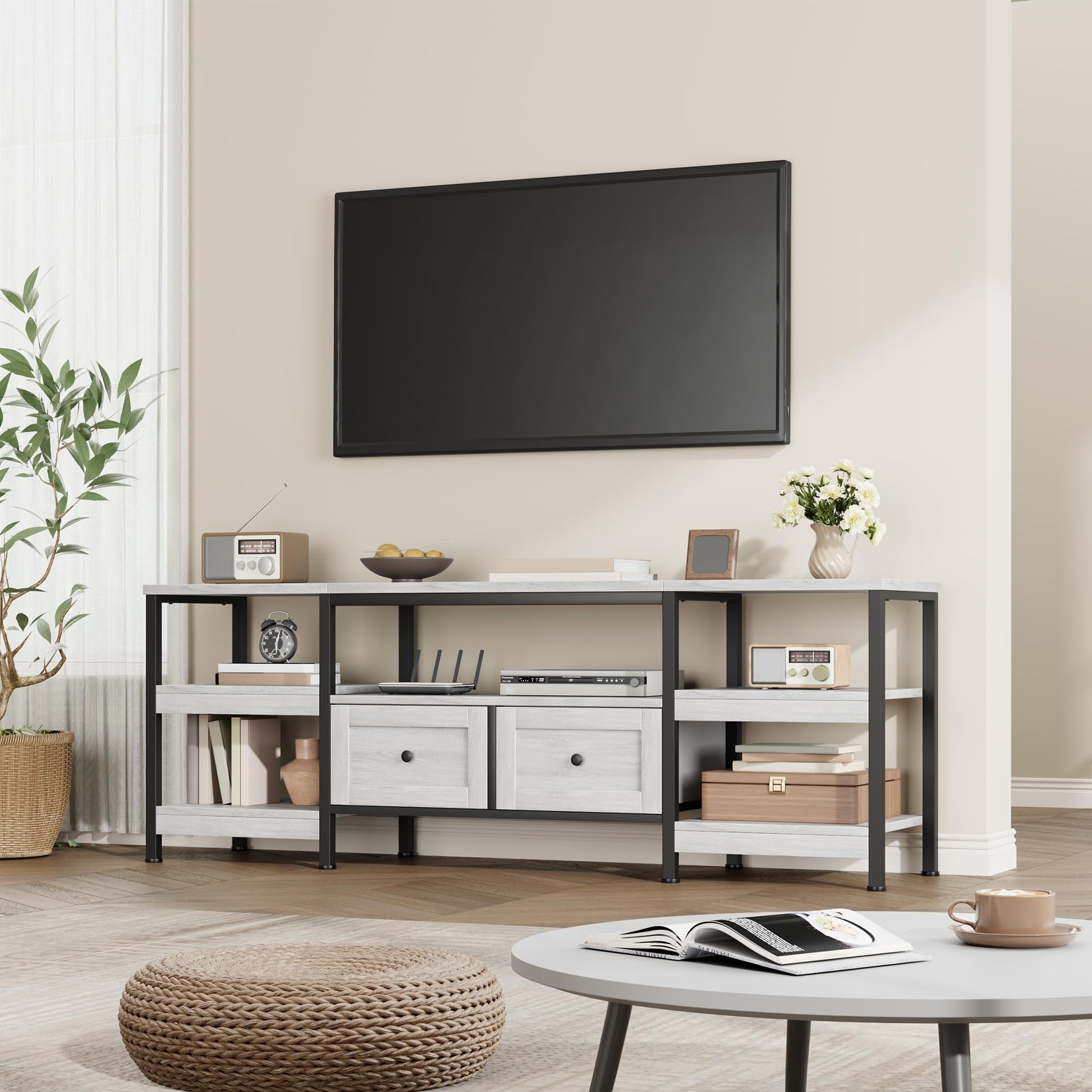 Meuble TV industriel Garvee de 160 cm avec 2 tiroirs, structure en MDF et métal, blanc, pour salon et bureau
