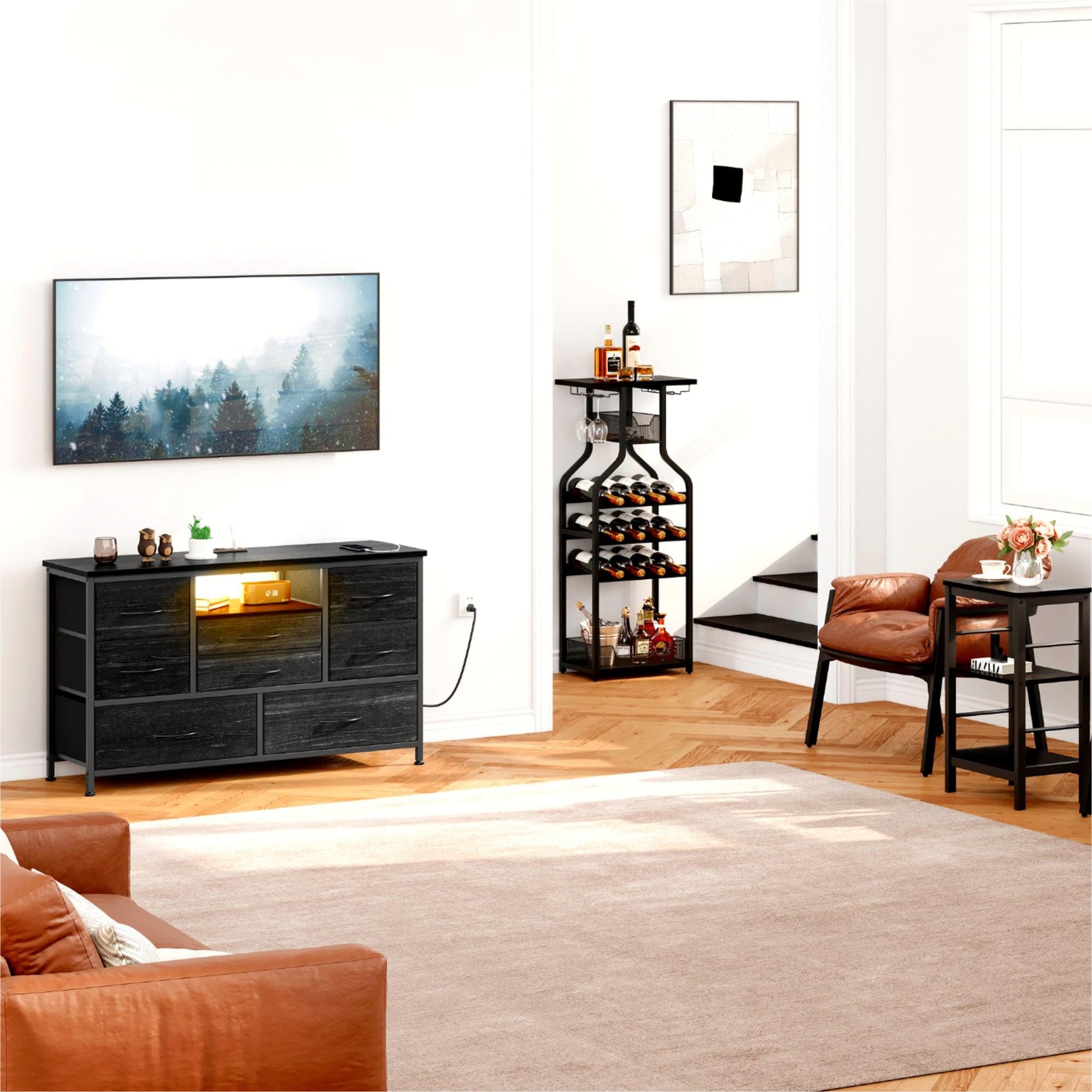 Meuble TV Garvee à 8 tiroirs avec éclairage LED et prise électrique pour salon et chambre, en MDF, éclairage RGB, grand espace de rangement, gestion des câbles, blanc