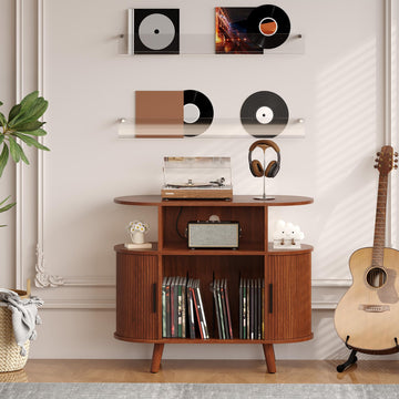Garvee Meuble pour platine vinyle 89 cm avec station de charge, rangement pour 300 disques, design ondulé moderne, finition noyer