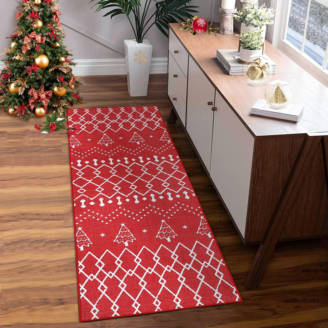 Tapis de Noël Garvee, antidérapant, lavable, résistant aux taches et à l'eau, pour la cuisine, l'entrée, la chambre, la buanderie, en polyester doux.