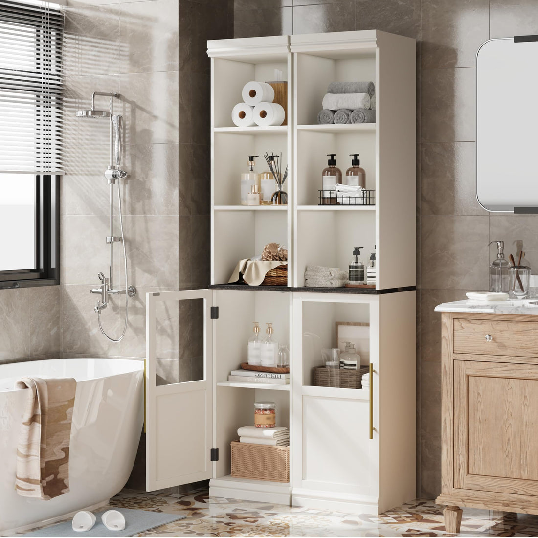 Garvee Colonne de rangement salle de bain 178cm, meuble étroit autoportant avec porte et étagères ouvertes, pour petits espaces