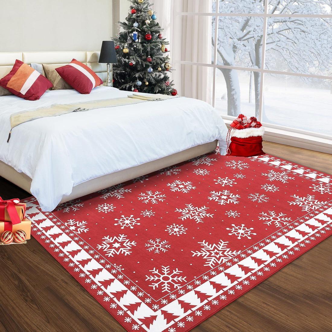 Tapis de Noël Garvee rouge 120x170 cm avec flocons de neige et sapin de Noël pour salon et chambre, lavable, antidérapant en TPR, à poils courts