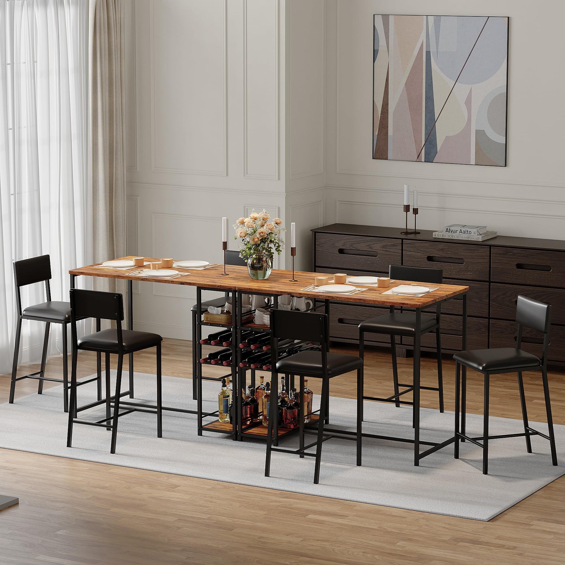 Table de salle à manger Garvee pour 2 personnes avec 4 étagères, casier à vin, sièges rembourrés, structure en acier robuste, gain de place pour les petites cuisines et les studios