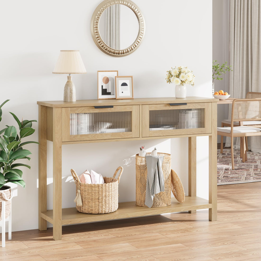 Console Garvee en bois avec 2 tiroirs en verre, structure robuste en MDF, style champêtre, idéale pour l'entrée et le salon, 110 x 30 x 80 cm, bois massif.
