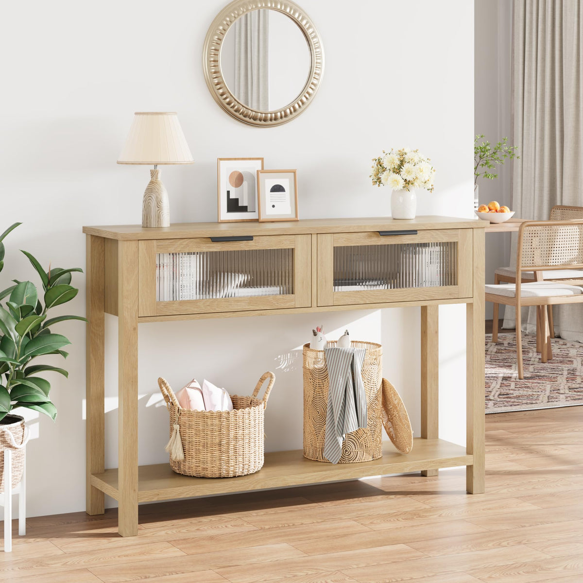 Garvee Console en MDF Bois naturel avec 2 Tiroirs à Façades en Verre, L. 110 × P. 30 × H. 80 cm, Meuble de Rangement pour Salon et Entrée