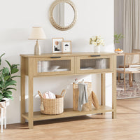 Garvee Console en MDF Bois naturel avec 2 Tiroirs à Façades en Verre, L. 110 × P. 30 × H. 80 cm, Meuble de Rangement pour Salon et Entrée