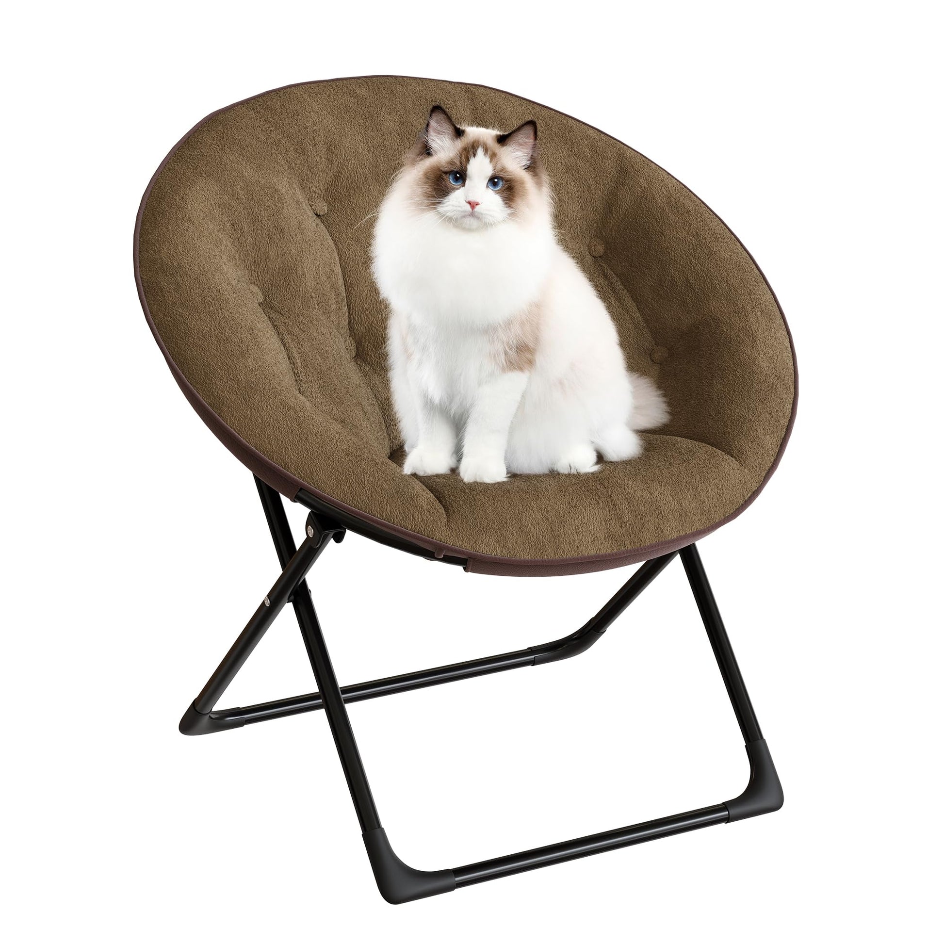 Fauteuil soucoupe pliable Garvee en fausse fourrure, doux et confortable, structure en métal, marron, pour la chambre et le jardin, léger et portable