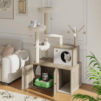 Meuble pour chat Garvee en bois avec bac à litière dissimulé, griffoir et hamac pour chats de petite et moyenne taille, plusieurs niveaux, gris rustique, salon