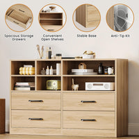 Garvee commode à 4 tiroirs avec 6 compartiments ouverts, étagères réglables, MDF, meuble TV moderne pour la chambre et le salon, chêne, 120 cm (L) × 81 cm (H)