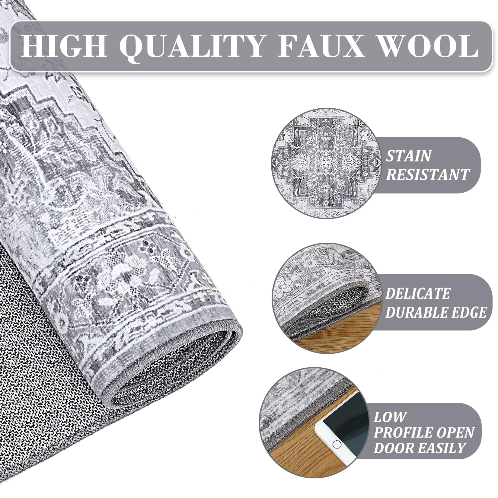 Tapis vintage Garvee, motif oriental, antidérapant, antitache, lavable, poils courts, gris, 160 x 230 cm, salon, chambre