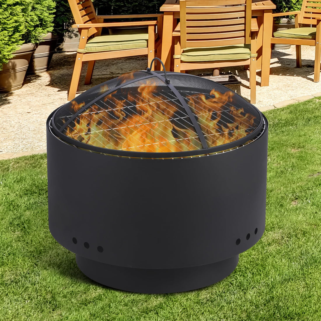 Foyer extérieur sans fumée Garvee de 66 cm (26 pouces) avec grille, pare-étincelles, acier robuste pour le jardin et le camping, portable et avec housse.