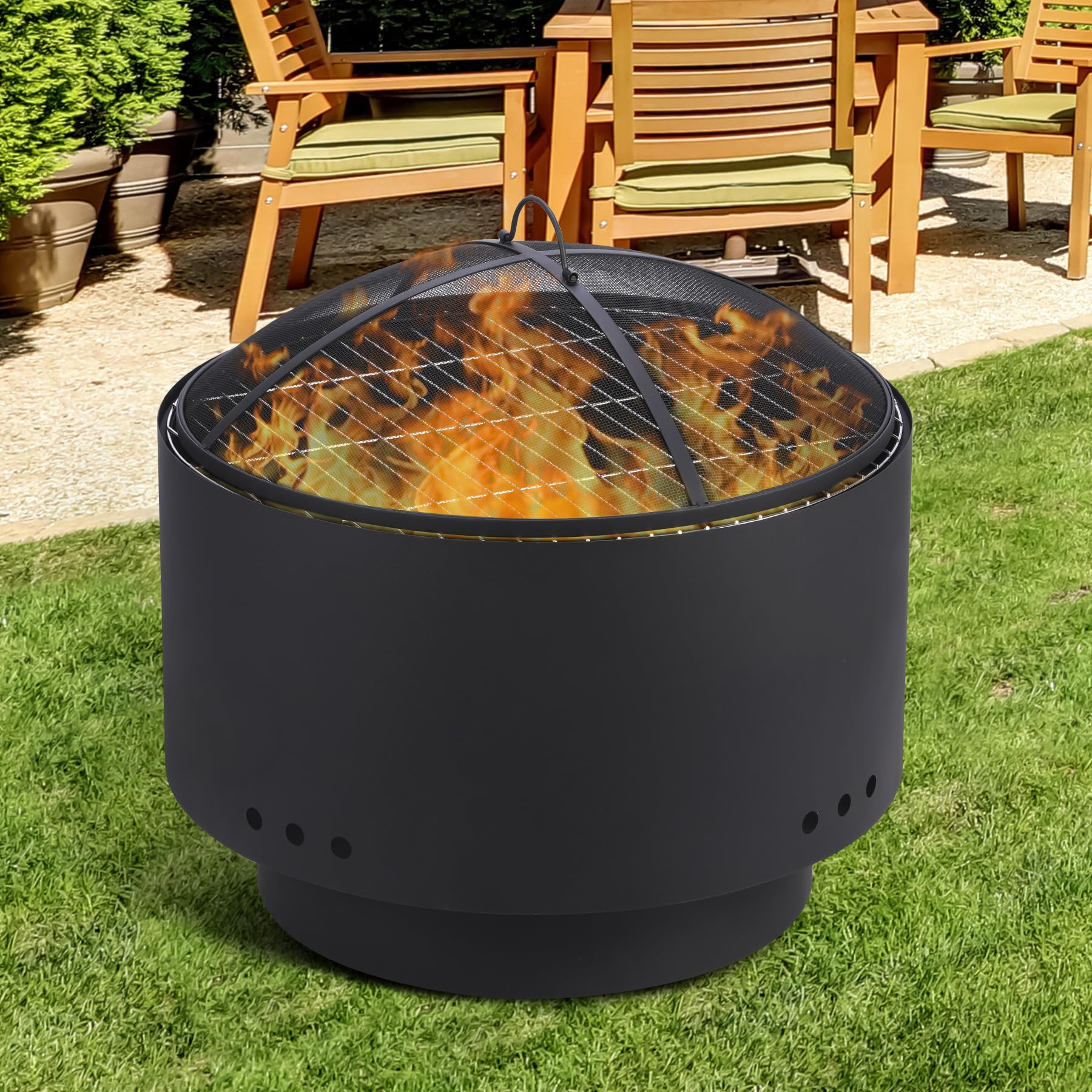 Foyer extérieur sans fumée Garvee de 66 cm (26 pouces) avec grille, pare-étincelles, acier robuste pour le jardin et le camping, portable et avec housse.