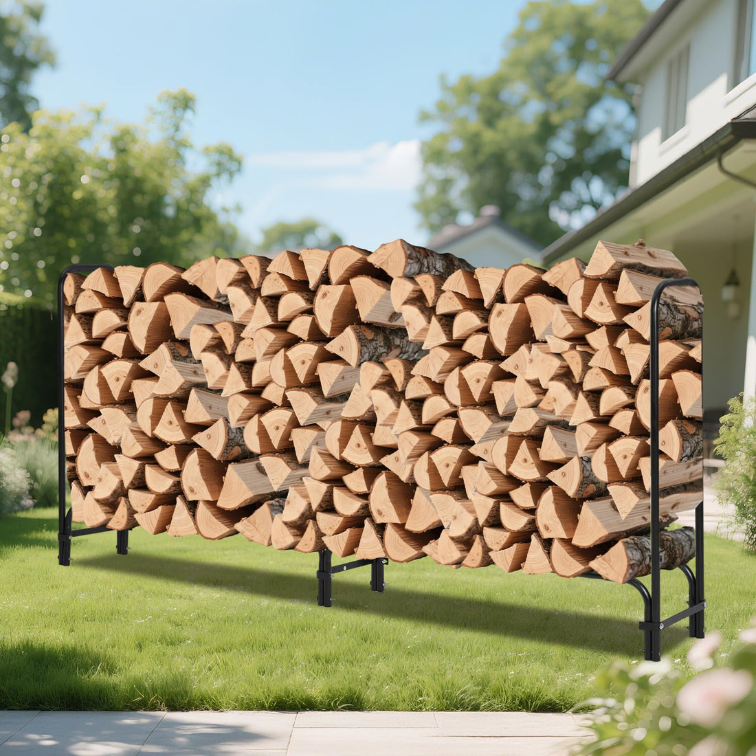 Support à bûches Garvee de 2,4 m (8 pi) pour jardin et terrasse, structure robuste en acier noir, capacité de 1814 kg (4000 lb).
