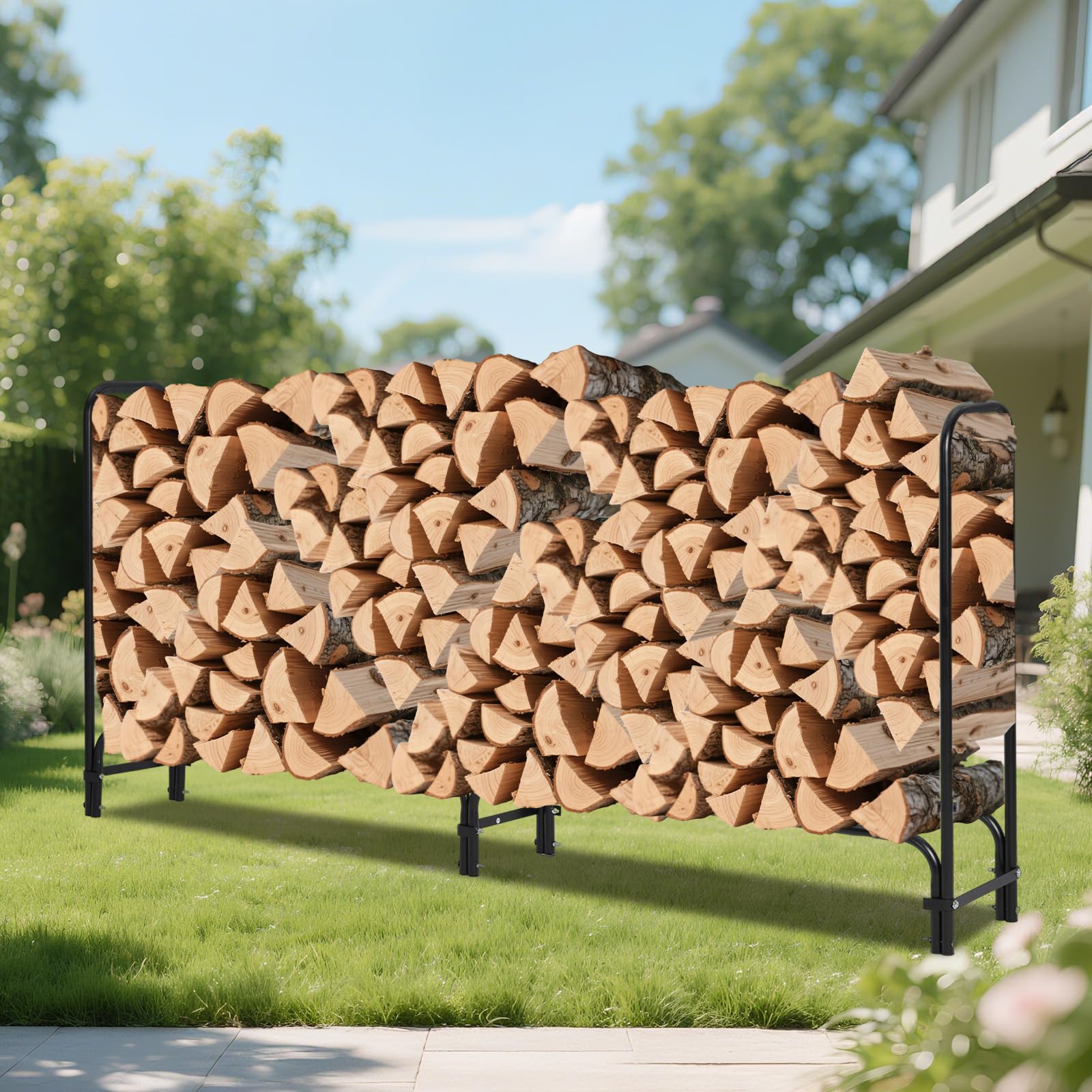 Support à bûches Garvee de 2,4 m (8 pi) pour jardin et terrasse, structure robuste en acier noir, capacité de 1814 kg (4000 lb).