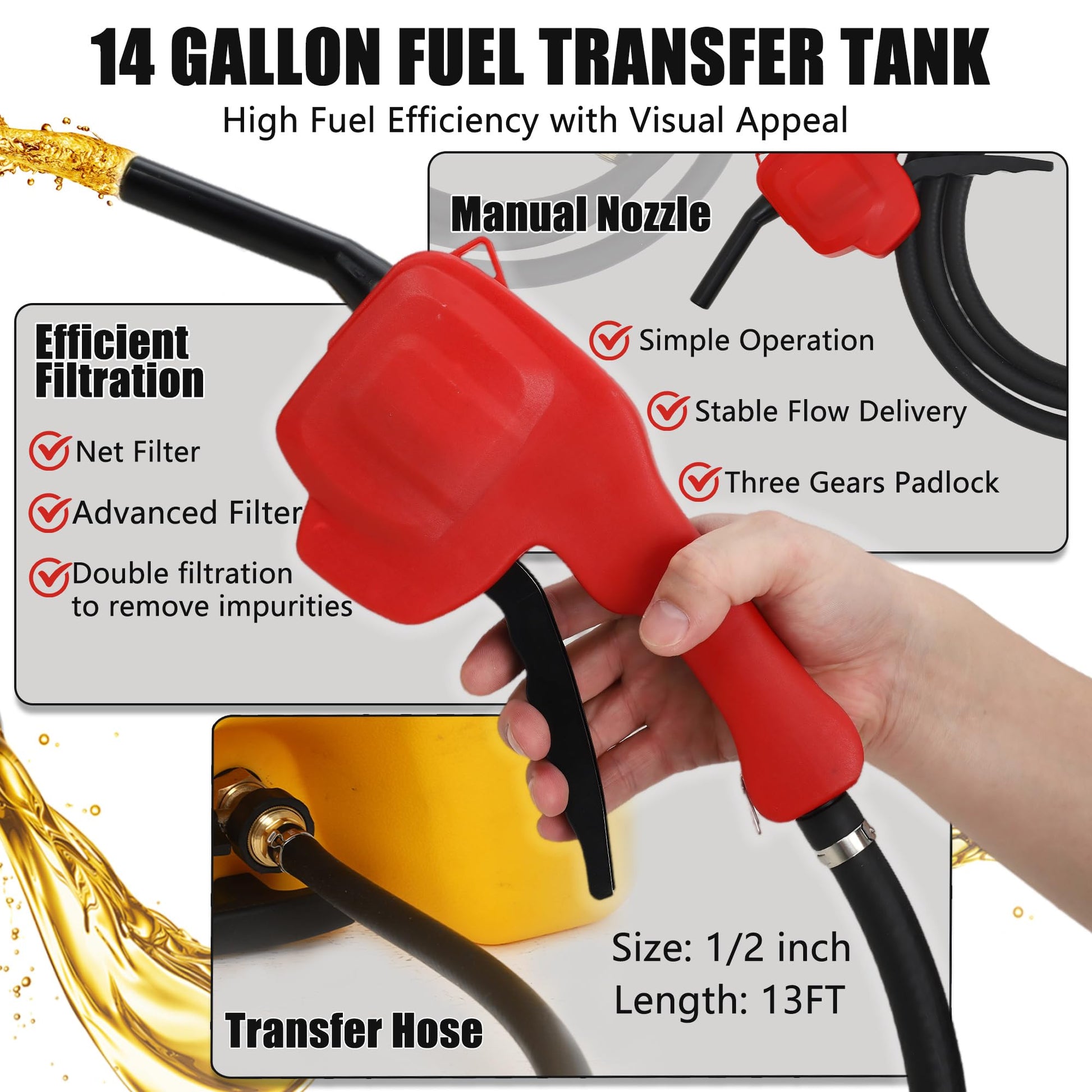 Réservoir de carburant Garvee de 14 gallons avec pompe à siphon manuelle et tuyau en polyéthylène de 10 pieds avec roues pour voiture, VTT, bateau, tondeuse à gazon