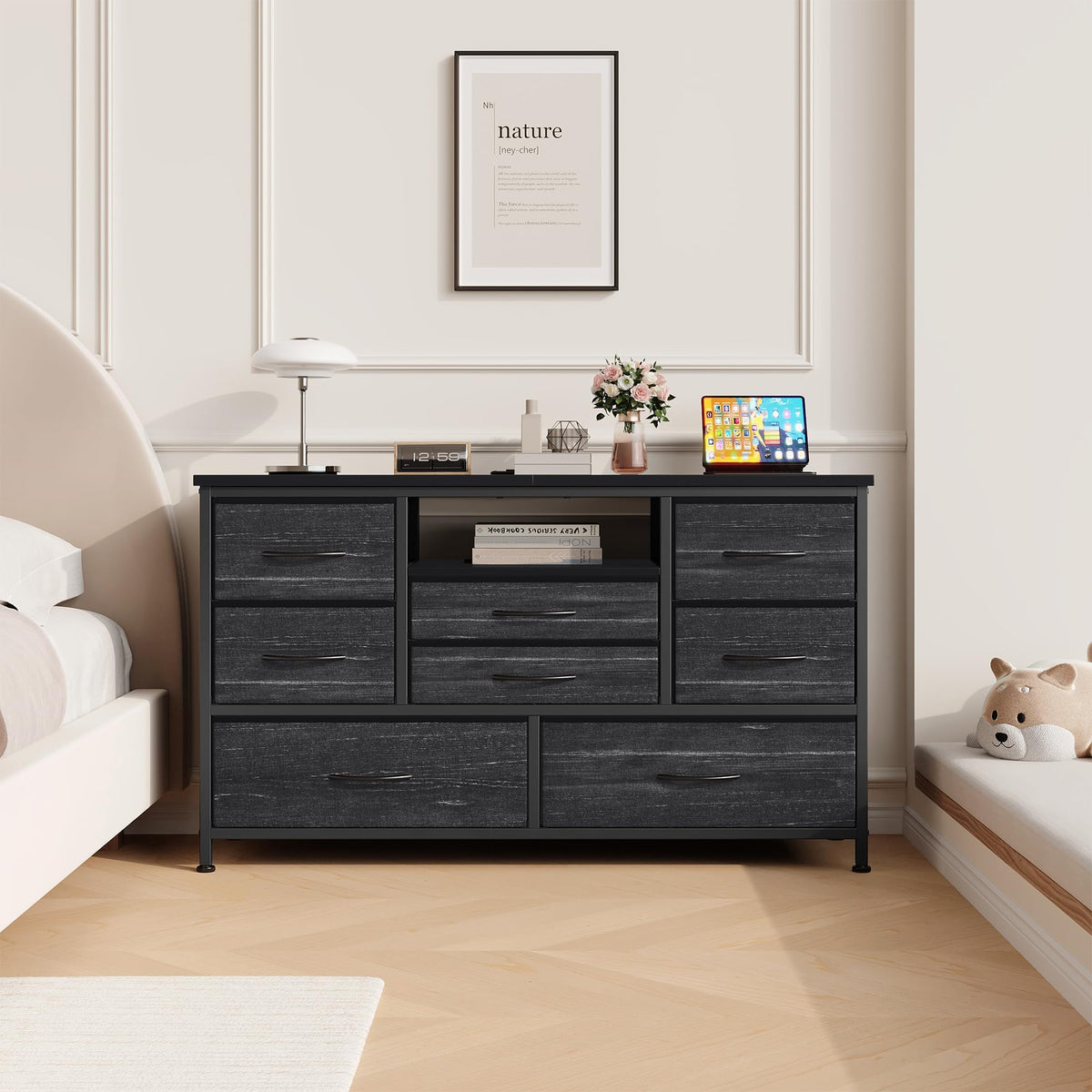 Garvee commode à 8 tiroirs, 3 prises électriques et 2 ports USB, meuble TV avec éclairage LED pour chambre, salon ou entrée, 120 cm, gris
