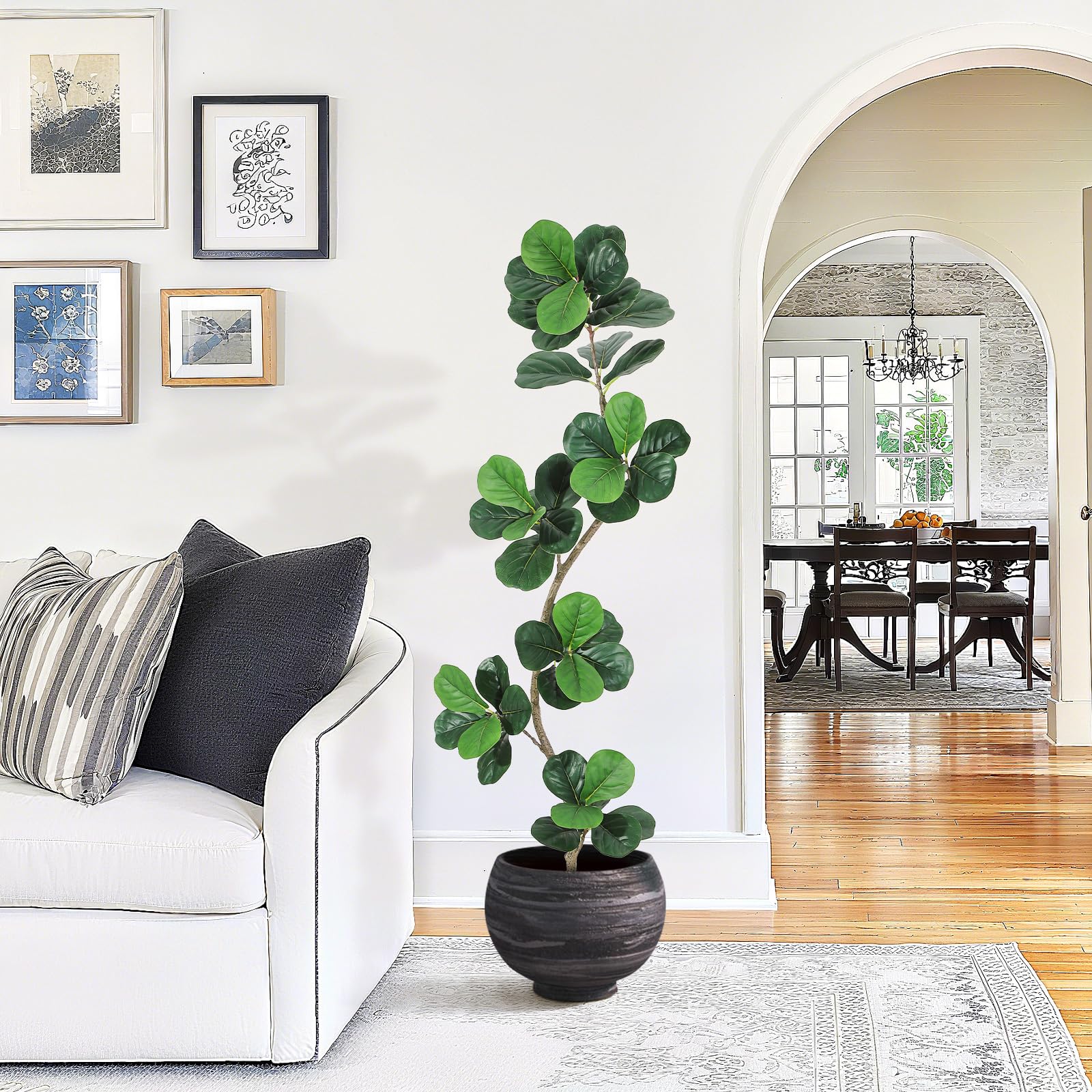 Garvee Ficus lyrata artificiel 183 cm en forme de S, pot blanc, feuilles en soie réalistes et branches ajustables, vert