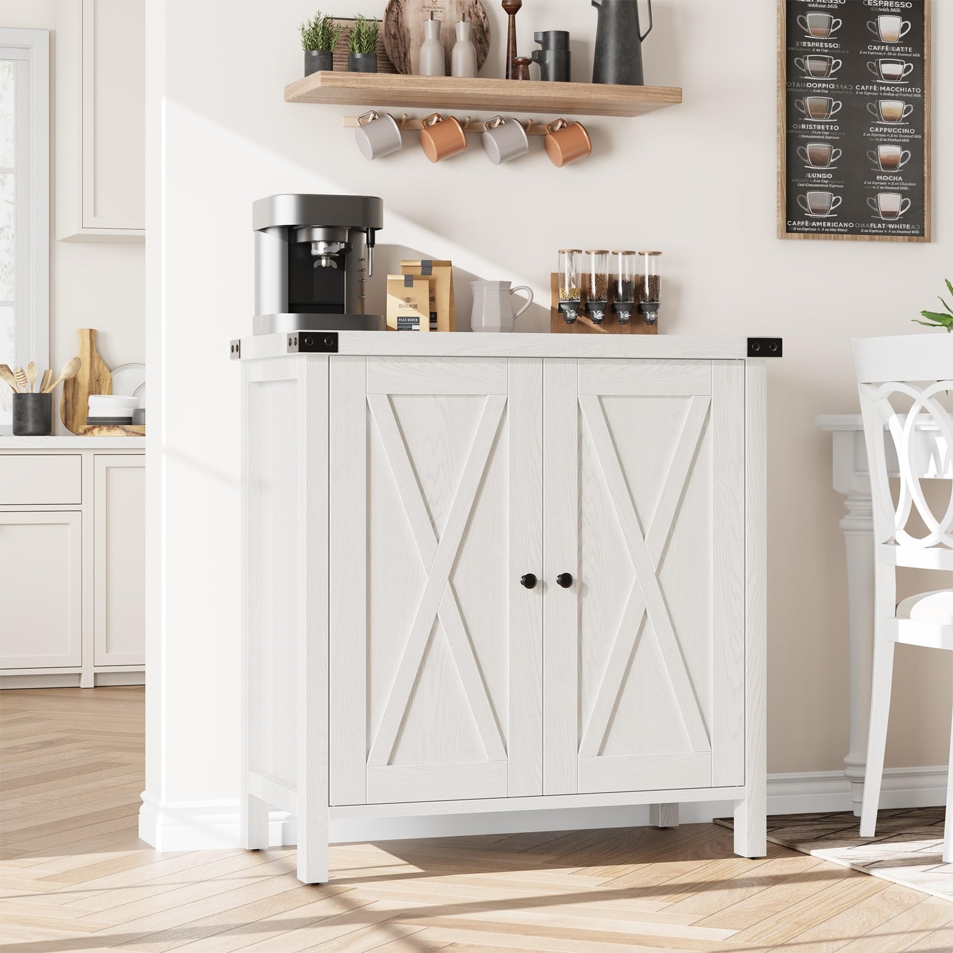 Garvee buffet de style campagne avec 2 portes, étagères réglables, MDF, blanc, pour le salon et la salle à manger, robuste et polyvalent, 76 × 40 × 80 cm