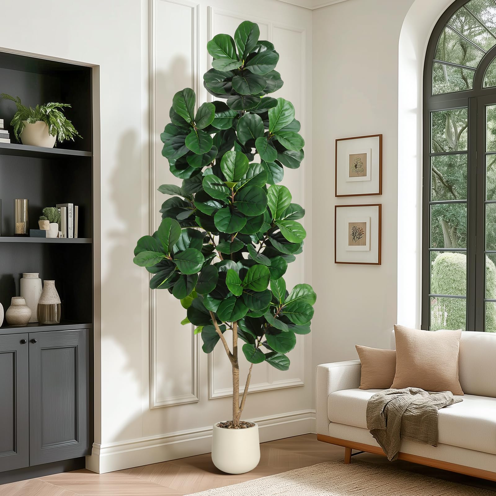 Ficus lyrata artificiel Garvee de 2,13 m (7 pi) avec 141 feuilles, pot blanc de 23 cm (9 po), décoration pour bureau et salon, feuilles en PVC et PE, design stable