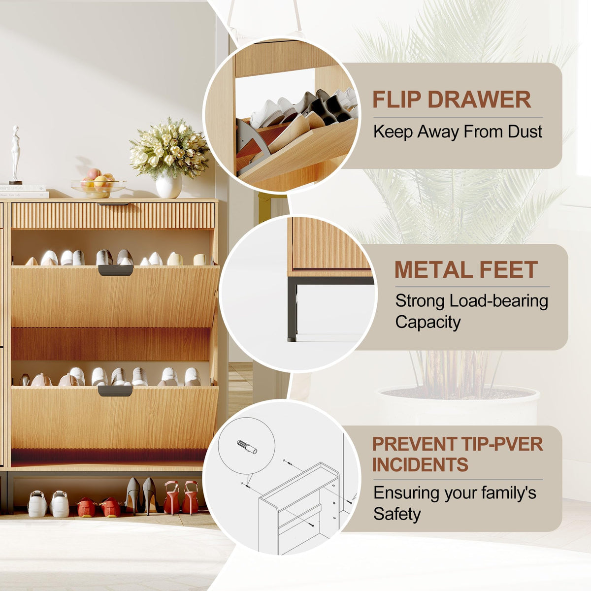 Meuble à chaussures Garvee avec 3 portes à charnières et 2 tiroirs, bois naturel - meuble de rangement pour entrée étroite