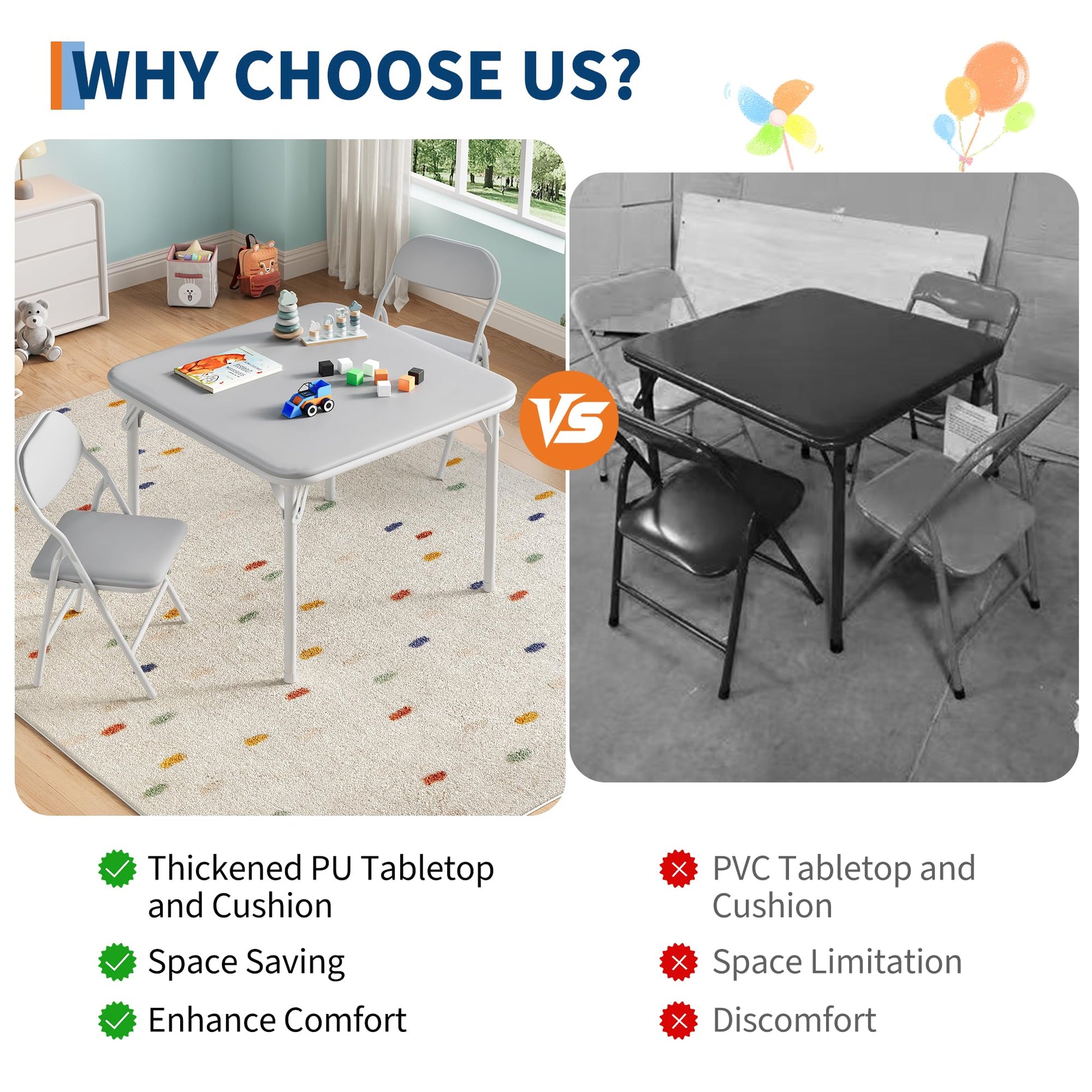 Ensemble table et chaises pliantes 3 pièces Garvee pour enfants, pliable, en cuir PU, structure en métal, léger, idéal pour la salle de jeux et le camping, multicolore