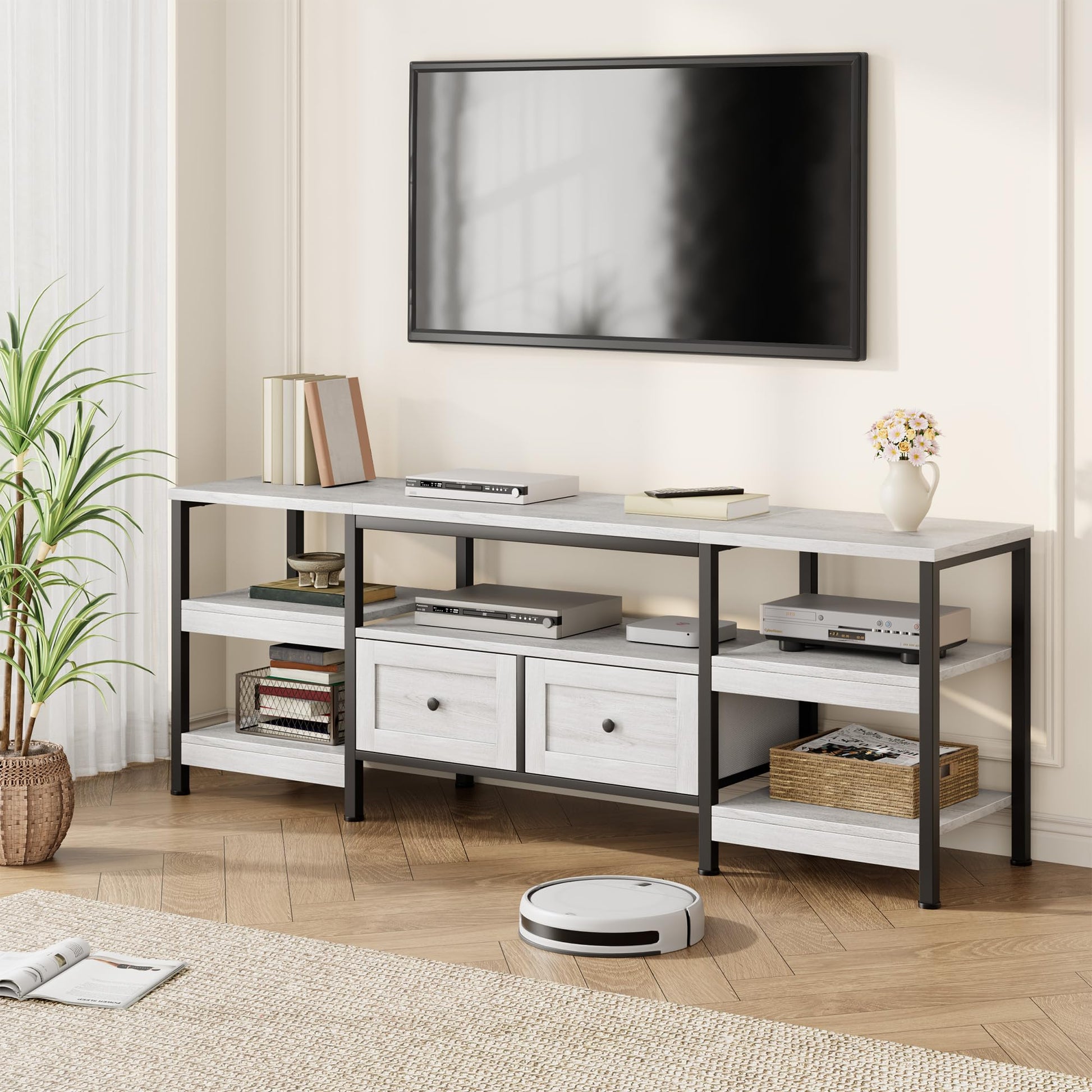 Meuble TV industriel Garvee avec 2 tiroirs pour salon, 200 cm (79 pouces), marron rustique
